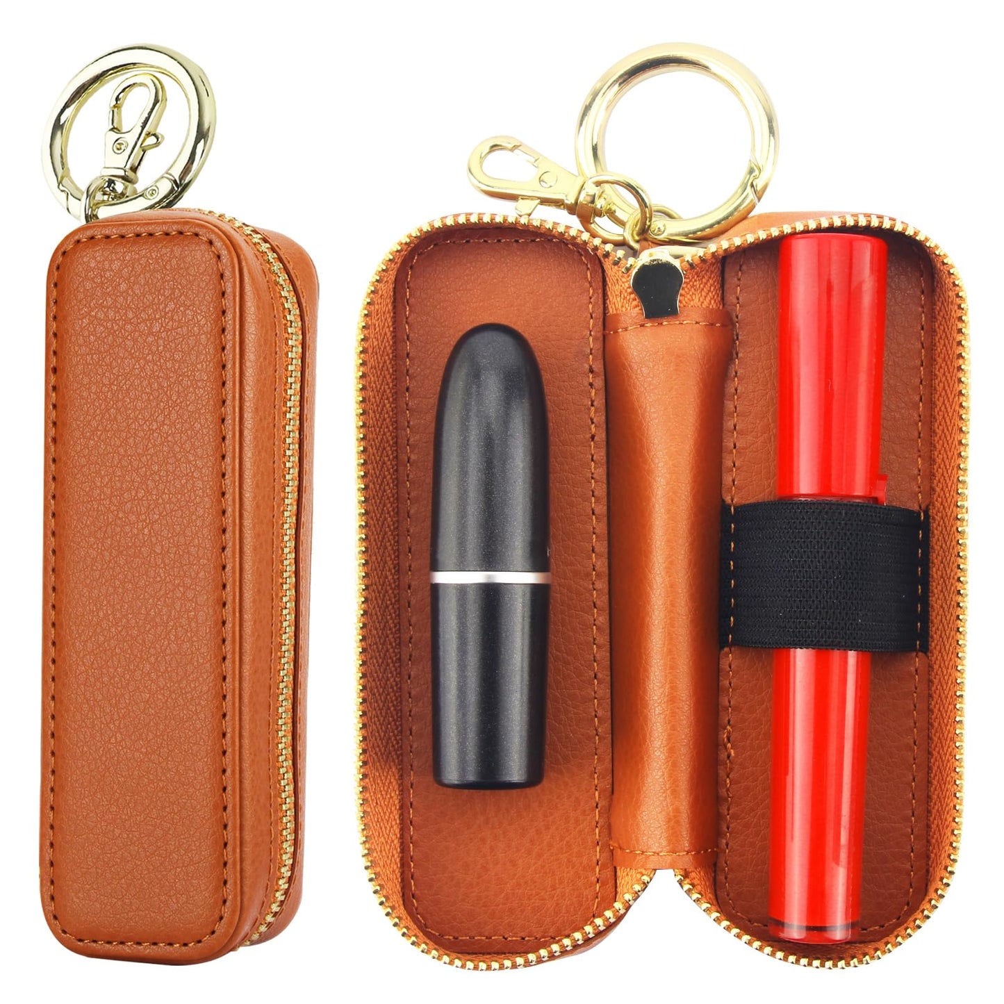 Bocasal Leather Lipstick Case Holder Chapstick Keychain Pouch, Zipper Lip Balm Lip Gloss Bag for Purse with Key Chain Elastic Band, Makeup Travel Organizer Cosmetic Storage Kit for Women Girls (Brown)