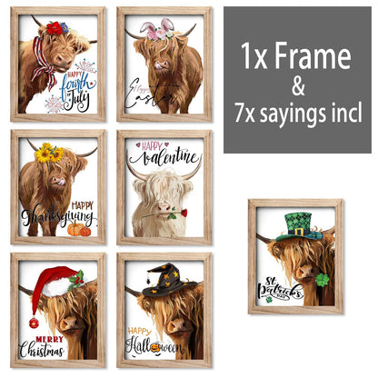 YPY Highland Cow Canvas Wall Art with 7 Interchangeable Holiday Sayings,Rustic Farmhouse Wall Sign 11"x9" Wood Frame, Seasonal St. Patrick's Day & Year-Round Home Decor for Living Room Bedroom Office