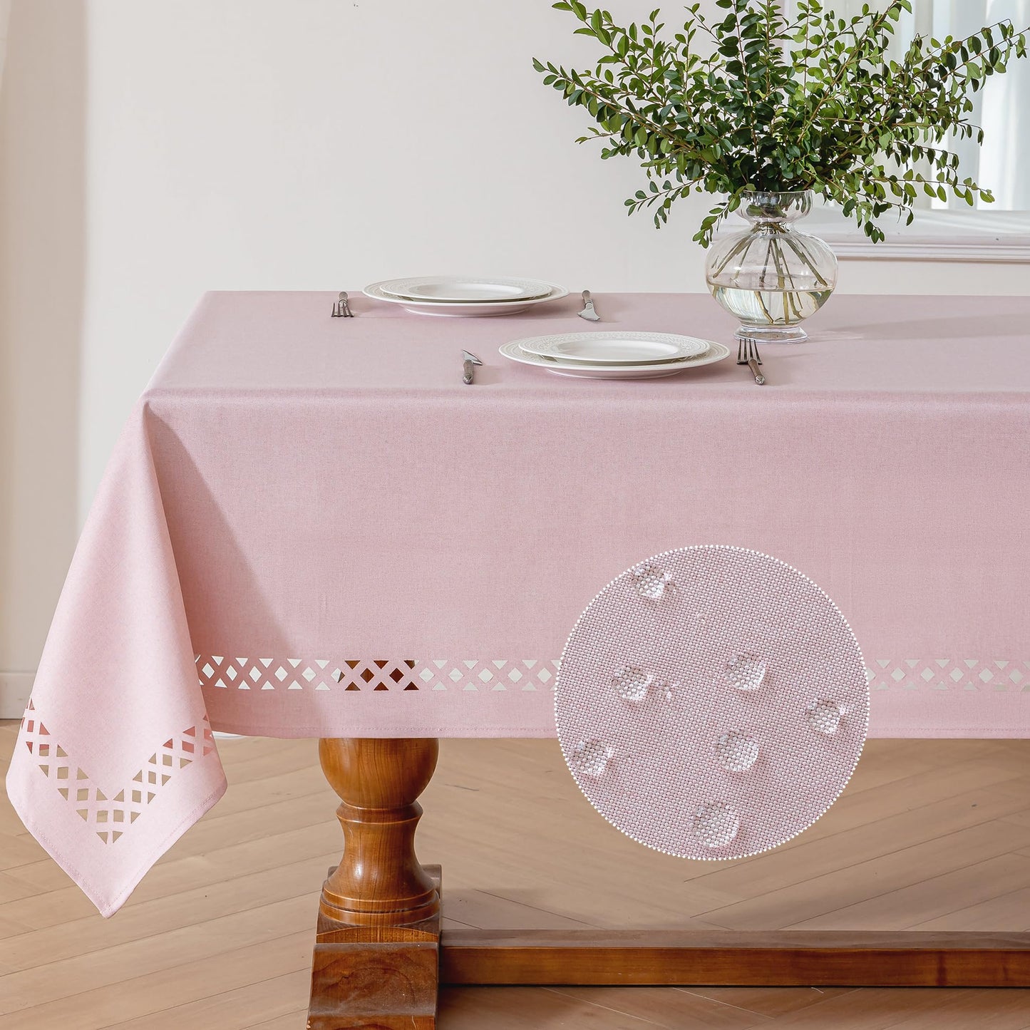 JIALE Pink Rectangle Linen Polyester Tablecloth with Decorative Cutouts, Waterproof Table Cloth Wrinkle Free Light Pink Valentines Farmhouse Dining Table Cover for Outdoor Party Camping, 55 x 70 inch