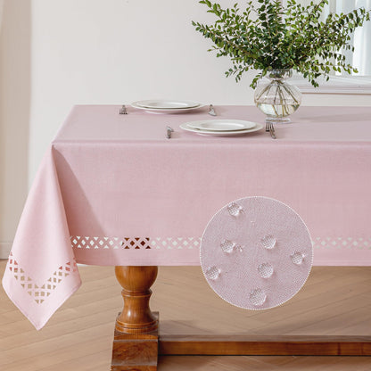 JIALE Pink Rectangle Linen Polyester Tablecloth with Decorative Cutouts, Waterproof Table Cloth Wrinkle Free Light Pink Valentines Farmhouse Dining Table Cover for Outdoor Party Camping, 55 x 70 inch