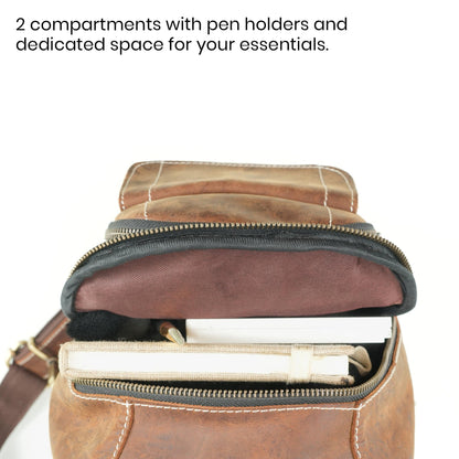 Handmade World Genuine Leather Sling Chest Crossbody Bag Backpack Small 'The RoamRush' Buffalo Hunter Leather Shoulder Travel Daypack