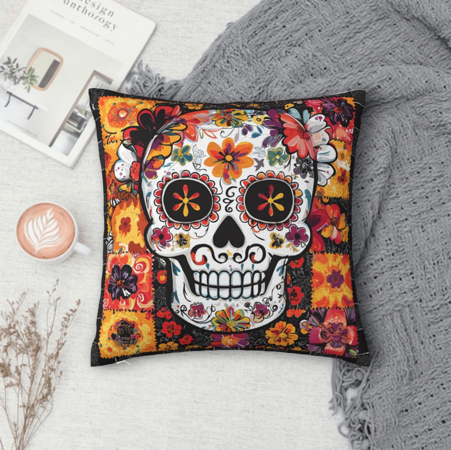 NenuVainl Throw Pillow Covers 18x18 Set of 2, Sugar Skull Cushion Covers, Decorative Square Pillowcases for Couch, Bedroom, Living Room