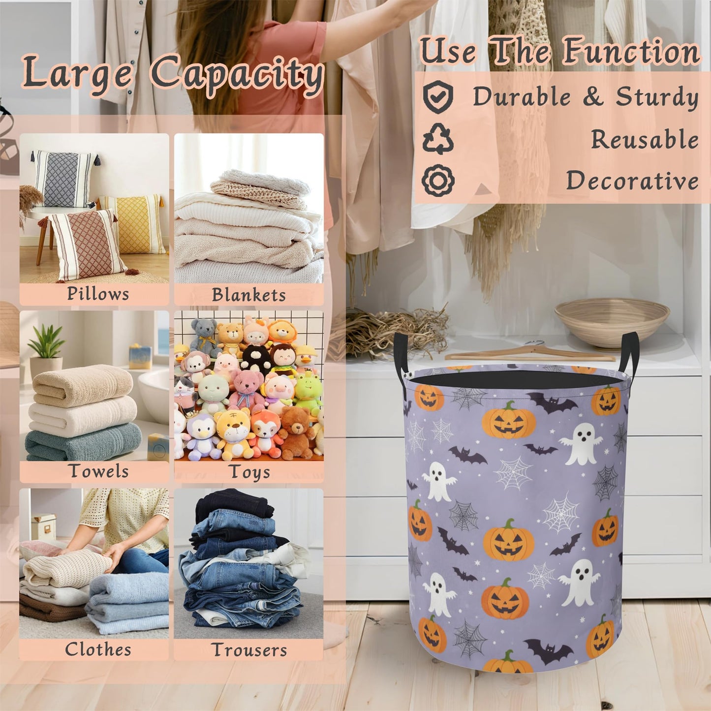 Halloween Ghosts Laundry Hamper with Handles,Pumpkins Bats Collapsible Waterproof Storage Basket for Dirty Clothes Books Round Organizer Bin for Bathroom Bedroom College Dorms 16" x 20.8"