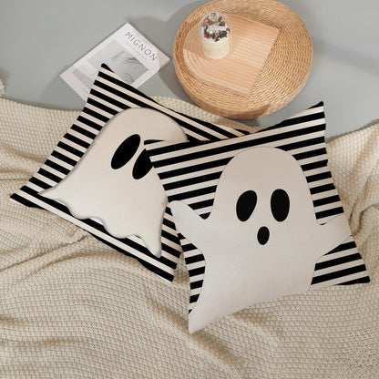 DAFENA Halloween Pillow Covers 18x18 Inch 2 Pcs Black Striped Cream Cute Spooky Ghost Fall Decor Throw Pillows Autumn Outdoor Seasonal Decoration Pillowcase Linen Cushion Cover for Couch Sofa