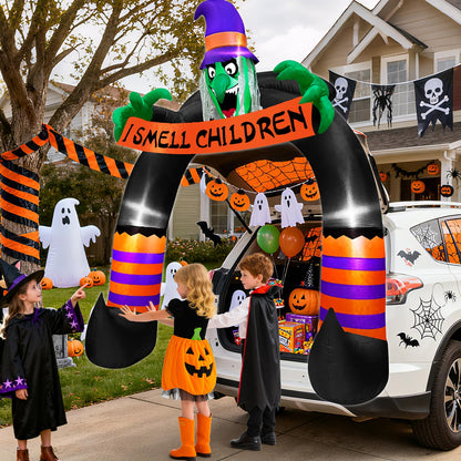 TURNMEON 6FT Halloween Inflatable Trunk or Treat Car Decoration Scary Witch Arch Holds Banner Build-in LED Blow up Car Decor SUV Halloween Outdoor Decorations Party Activities Lawn Yard