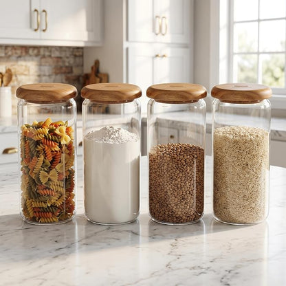 4-Pack 32 fl oz Wide Mouth Mason Jars with Spoon & Labels, Acacia Wood Lids, Press Seal, No Plastic, for Food, Snacks, Fruits, Coffee Beans, Spices & Dry Storage, Pantry Organizer.