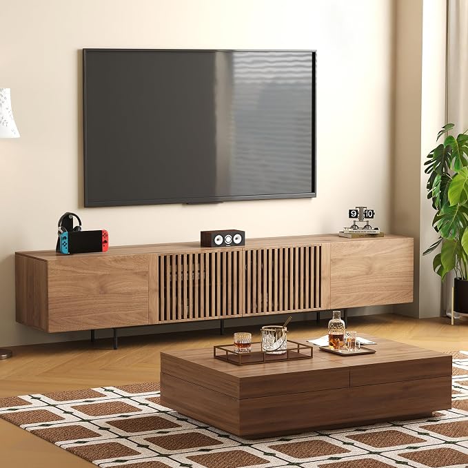 Mid-Century Modern 94.48" TV Stand and Expandable Coffee Table Set, Large Walnut Entertainment Center with Storage for Living Room and Bedroom Furniture Decor