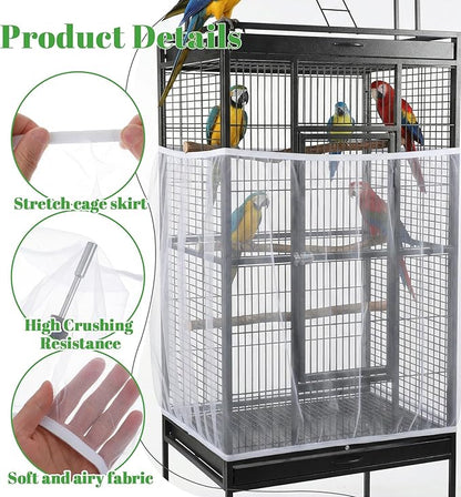 Bird Cage Netting Seed Catcher, White Adjustable Large Bird Cage Seed Catcher Stretchy Birds Cages Cover, Easy to Install, Fits Most Cages, Ideal for Parrots Enclosures