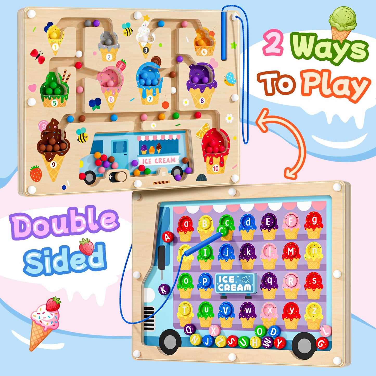 UMEREACT 2 in 1 Magnetic Color and Number Maze Double-Sided ABC Alphabet Puzzles Board Magnet Dinosaur Counting Maze Preschool Learning Montessori Education 3 4 5 Years Toys (Ice Cream, One Size)
