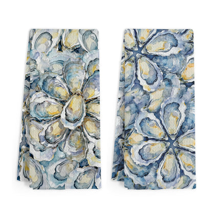 Gnmduw Coastal Beach Oyster Kitchen Towels, Ocean Beachy Oysters Hand Towels Set of 2, Coastal Bathroom Decor, Farmhouse Nautical Oyster Hand Dish Tea Towel for Kitchen Bathroom Decor, 16x24 Inch