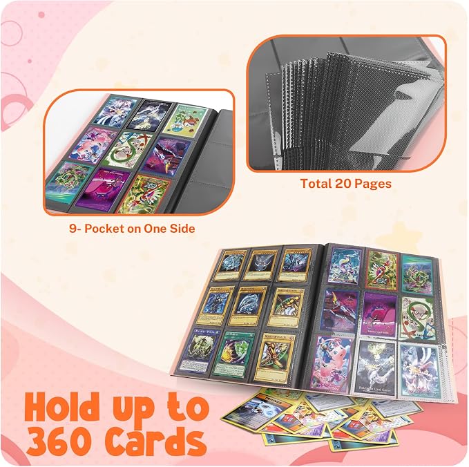 Card Binder, 9 Pocket Trading Card Album Folder, 20 Pages, 360 Card Capacity Sports Card Binder, Premium Card Binders Compatible with MTG, TCG, Baseball Cards (Pink)