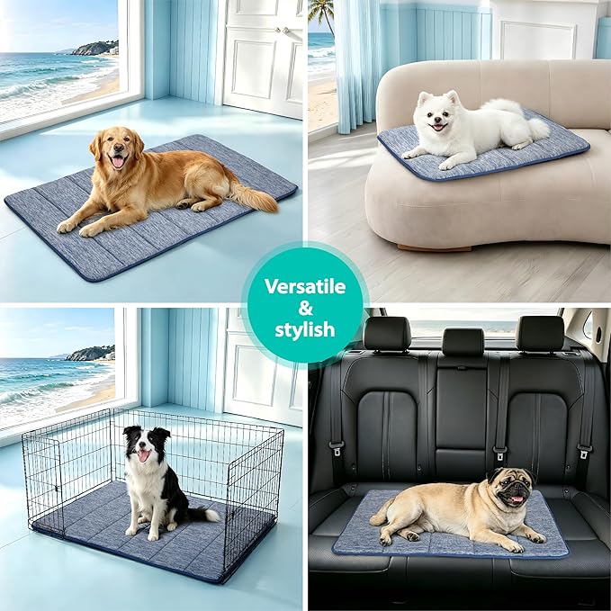 Cooling Dog Mat Q-Max>0.5 - Rapid Cooling Tech, Thin Breathable Crate Pad, Portable Washable Summer Mat, Chill Soothing Fabric - 47"x29" Extra Large Dog, Wander Blue
