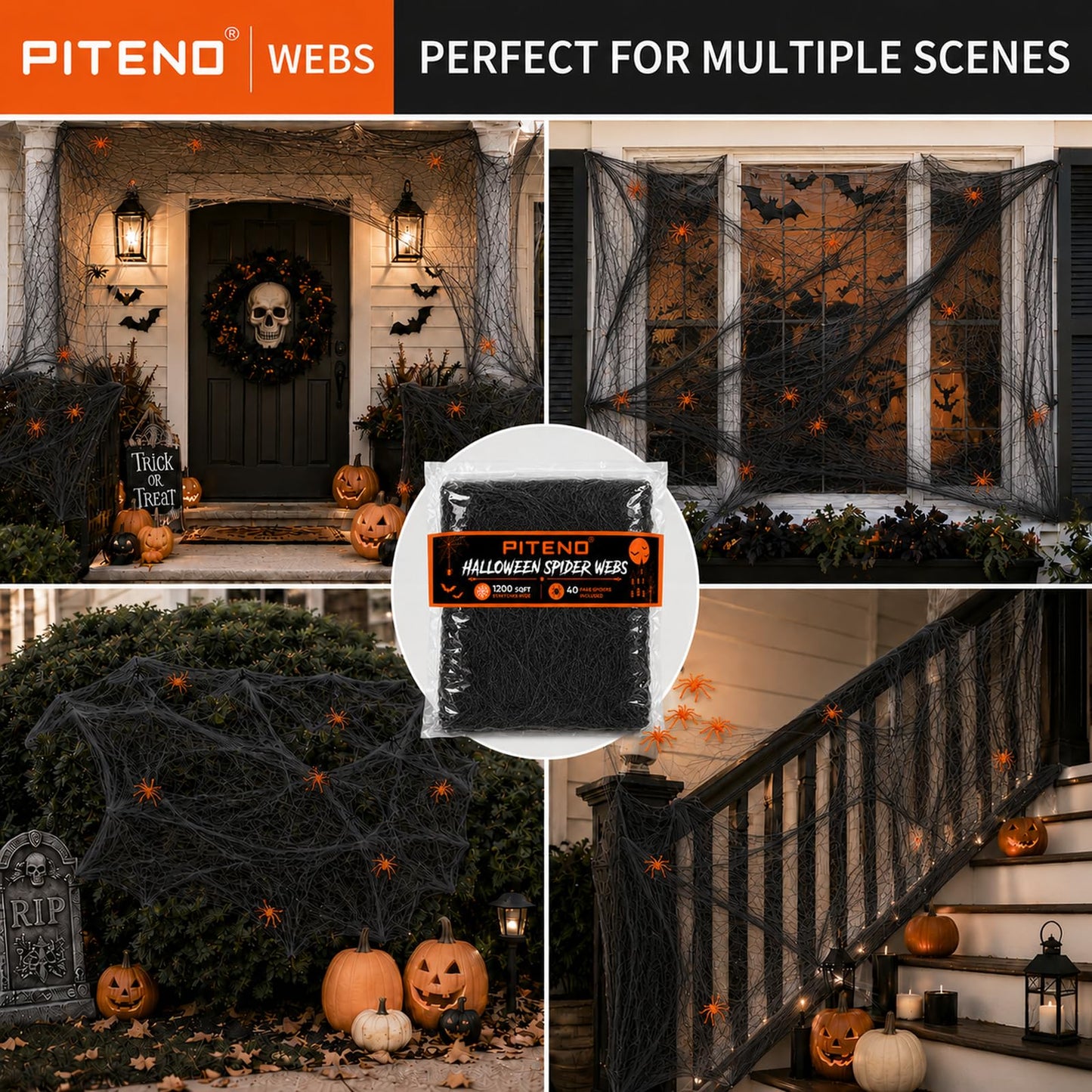 Piteno® 1200 sqft Spider Webs Halloween Decorations with 40 Fake Spiders, Stretchable Halloween Spider Webs for Indoor Outdoor Haunted House Yard Porch Party Decor (Black)