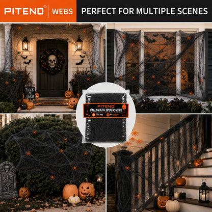 Piteno® 1200 sqft Spider Webs Halloween Decorations with 40 Fake Spiders, Stretchable Halloween Spider Webs for Indoor Outdoor Haunted House Yard Porch Party Decor (Black)