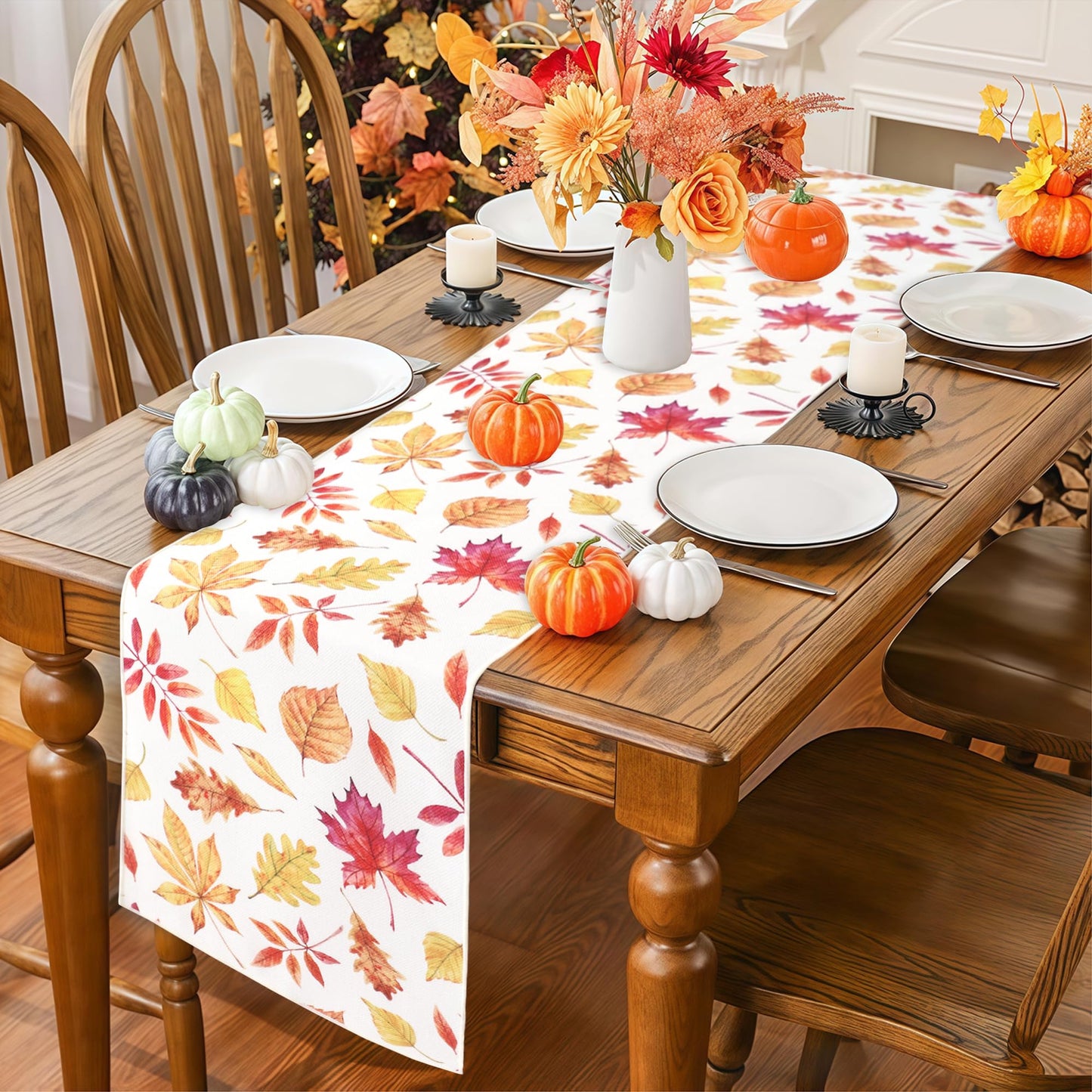 OWENIE Fall Table Runner for Kitchen Dining Table, Thanksgiving Autumn Printed Harvest Pumpkins Maple Leaves Textured Fabric Halloween Holiday Home Decorations, Water-Proof, Washable, 13" W x 108" L