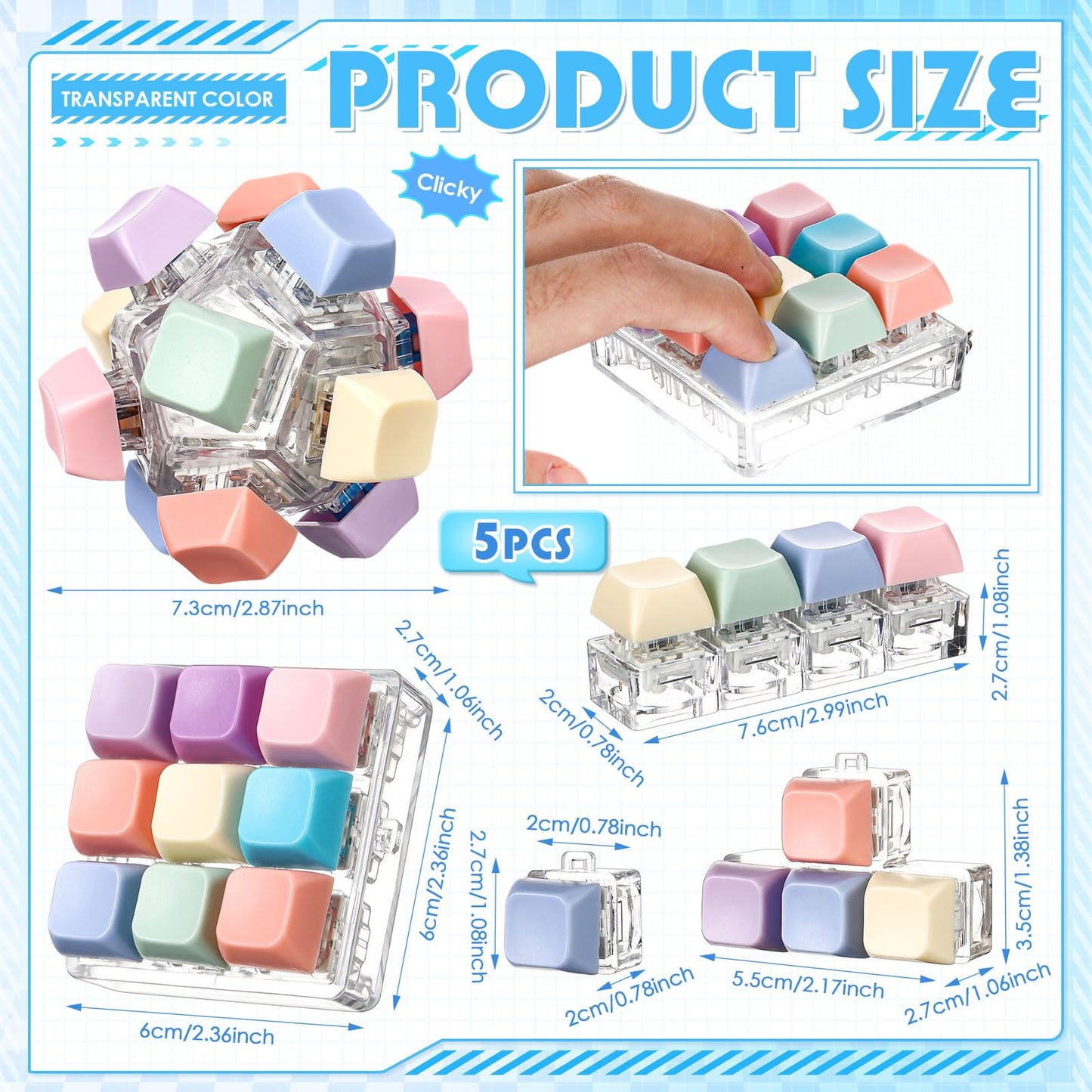 Halloscume 5 Pcs Keyboard Adult Fidget Clicker in 5 Styles Keyboard Fidget Keychain Cube Mechanical Key Button Clicker Stress Relief Gift for Office Home Pass Time(Pastel Colors)
