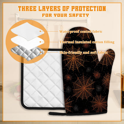Halloween Oven Mitts and Pot Holders Set,Spider Web Kitchen Decor Heat Resistant Non Slip Hot Pads and Oven Mitt for Chef Cooking Baking BBQ Mom Girl Gifts(4 Piece Set)