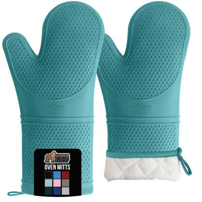 GORILLA GRIP BPA-Free Soft Silicone Oven Mitts and Pot Holders Sets, Heat Resistant Waterproof Cooking Gloves, Thick Cotton Lining, Flexible Gripping for Baking Grilling, Kitchen Trivets, Turquoise
