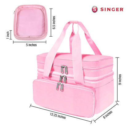 SINGER Sewing Accessories Organizer (Bag Only) – Double Layer Portable Sewing Storage Bag | 2 Detachable Pouches and 18 Compartments, Large Sewing Supplies & Crafting Carry-all (Pink)