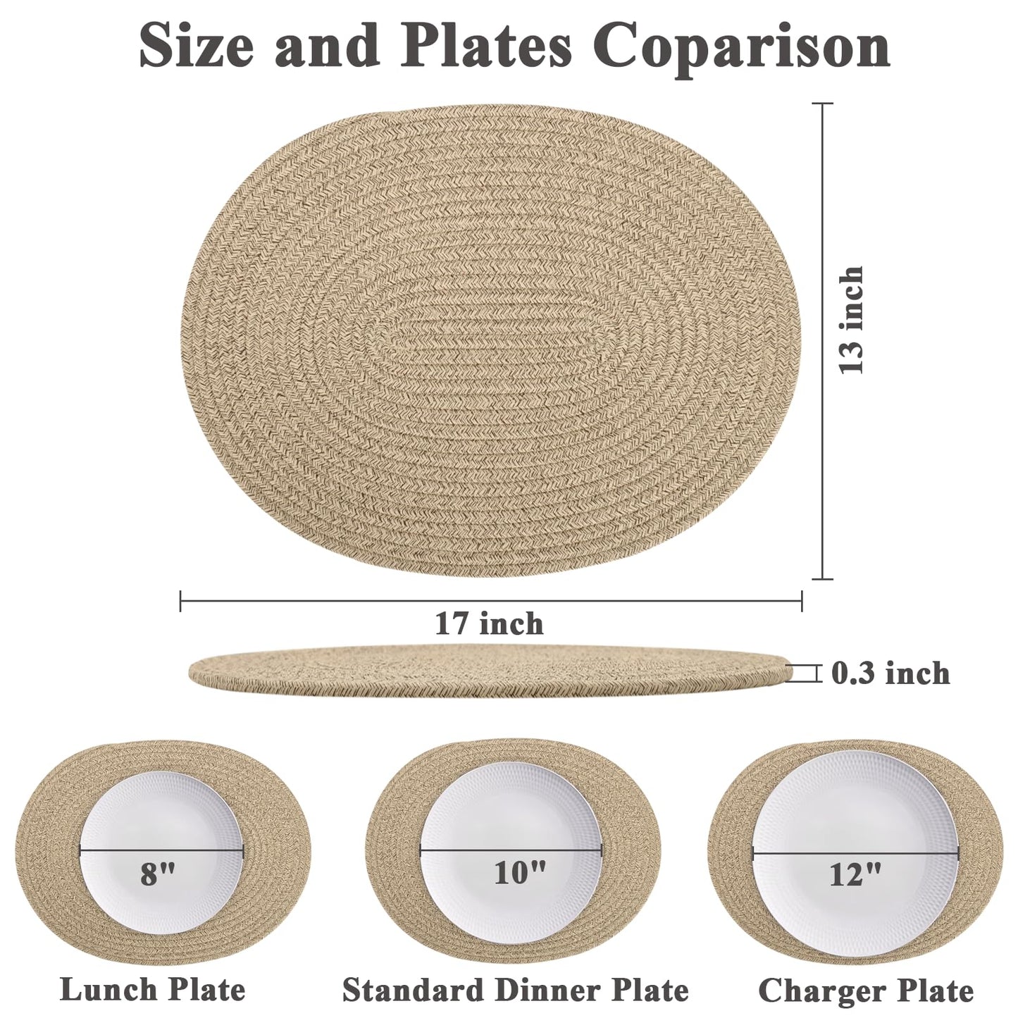 Oval Woven Placemats Set of 6, Boho Cotton Rope Braided Table Mats, 17x13 Inches Non Slip Heat Resistant Place Mats for Dining Room, Thick Hot Pads for Farmhouse Kitchen Table Decor. (Brown)