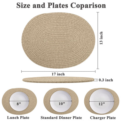Oval Woven Placemats Set of 6, Boho Cotton Rope Braided Table Mats, 17x13 Inches Non Slip Heat Resistant Place Mats for Dining Room, Thick Hot Pads for Farmhouse Kitchen Table Decor. (Brown)