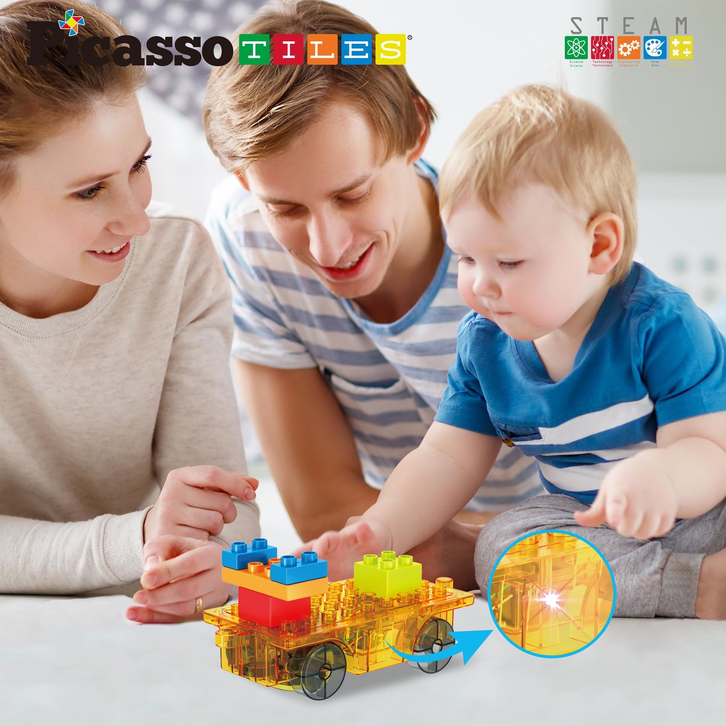PicassoTiles Magnet Tile Motorized Car Base Self Turning Omnidirectional Truck with Light And Motor Playset Magnetic Tiles Construction Building Blocks Compatible STEM Learning Preschool Ages 3+ PTU05