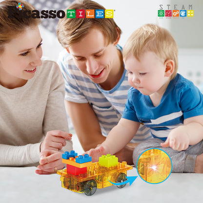 PicassoTiles Magnet Tile Motorized Car Base Self Turning Omnidirectional Truck with Light And Motor Playset Magnetic Tiles Construction Building Blocks Compatible STEM Learning Preschool Ages 3+ PTU05