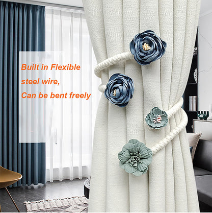 Flower Curtain Tie Backs, Flexible Curtain Holdbacks Clips Cute Twist Bough Handmade Curtain Tieback Decorative Rope for Besdroom Window Treatment (2, Rose Flower Blue)