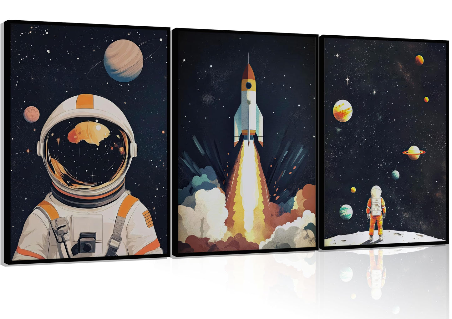3Pcs Space Astronaut Wall art Cute Astronaut Canvas Nursery Galaxy Posters Modern Space Themed Print Rocket Pictures Toddler Boy Room Wall Decor for Adventure Kids Bedroom Nursery Room Unframed