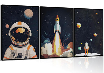 3Pcs Space Astronaut Wall art Cute Astronaut Canvas Nursery Galaxy Posters Modern Space Themed Print Rocket Pictures Toddler Boy Room Wall Decor for Adventure Kids Bedroom Nursery Room Unframed