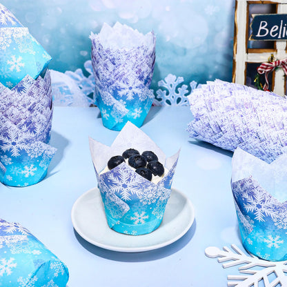 JarThenaAMCS 200Pcs Winter Snowflake Tulip Cupcake Liners Christmas Blue Purple Gradient Muffin Tulip Baking Cups Xmas Bicolor Gradient Snowflake Tulip Cupcake Wrappers for Holiday Party Supplies