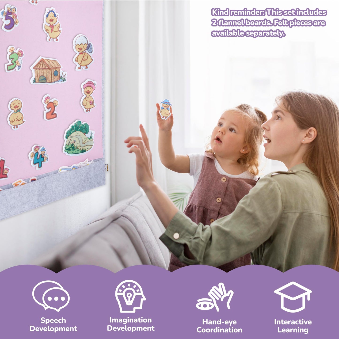 CHEFAN 2 PCS Felt Board for Toddlers Large Flannel Board for Wall, Felt Stories Learning Board with 2 Storage Pocket for Preschool Classroom and Daycare, 32 * 22 Inch, Pink and Purple