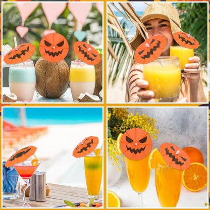 Whaline 120 Pcs Summer Halloween Cocktail Umbrella Drink Picks Orange Black Pumpkin Drink Umbrellas for Beverage Fruit Cupcake Topper Decorations