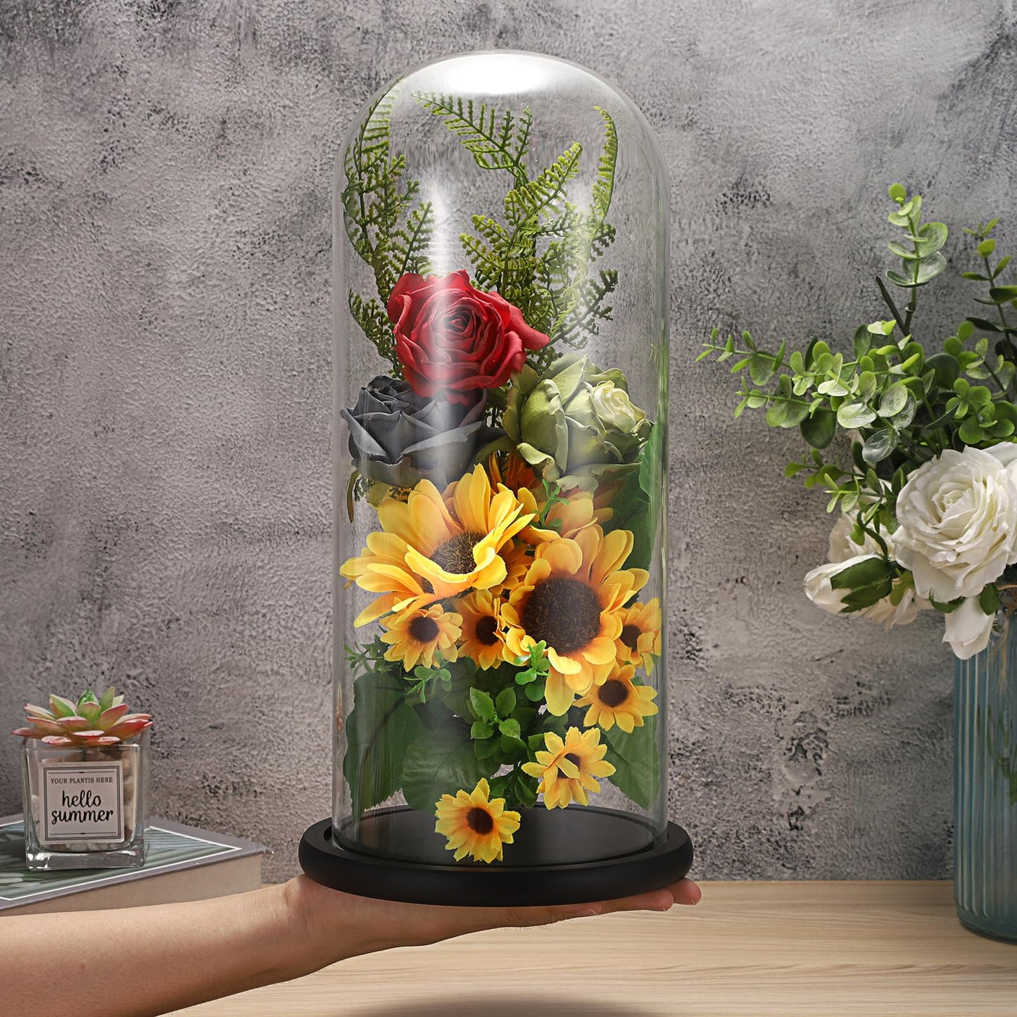 JUXYES 13.8 Inches Glass Display Dome Cloche with Black Wood Base, Clear Glass Dome Cloche Bell Terrarium Jar Glass Cloche Bell Jar Display for Plants Collectible Figure, 15x35cm
