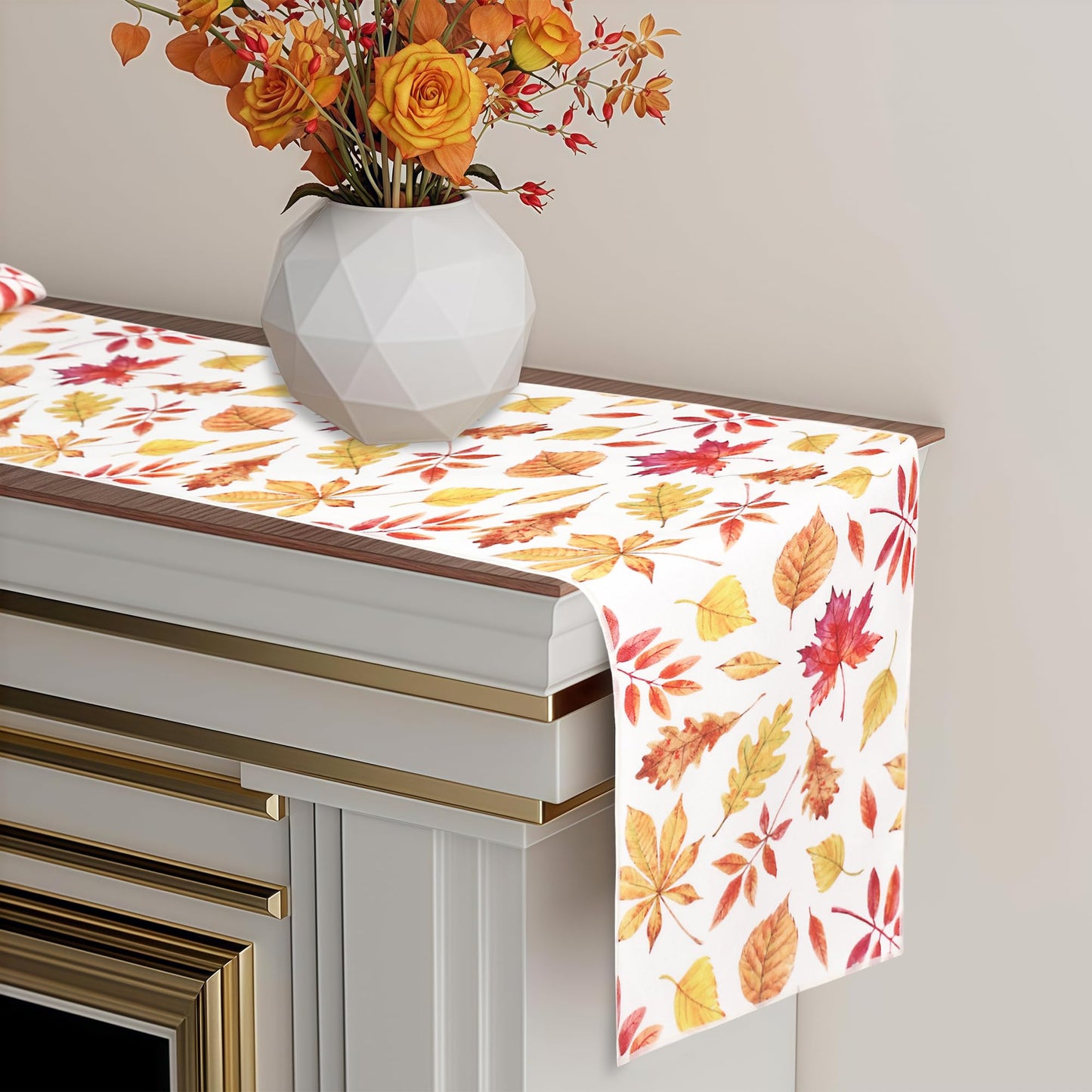 OWENIE Fall Table Runner for Kitchen Dining Table, Thanksgiving Autumn Printed Harvest Pumpkins Maple Leaves Textured Fabric Halloween Holiday Home Decorations, Water-Proof, Washable, 13" W x 108" L