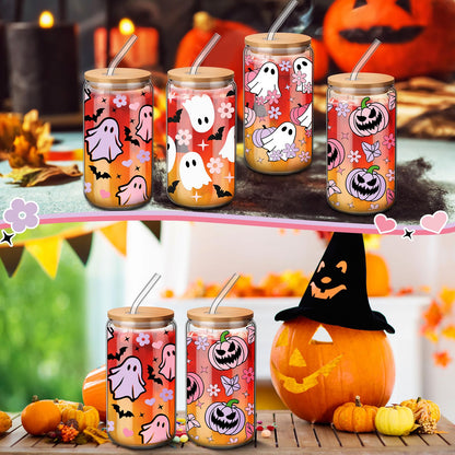 SiliFine 4 Pcs Pink Halloween Glass Cups with Lid and Straw 16 oz Drinking Glasses Halloween Iced Coffee Cups Can Shape Fall Mug Tumbler for Women Men Birthday Party Favor Gift