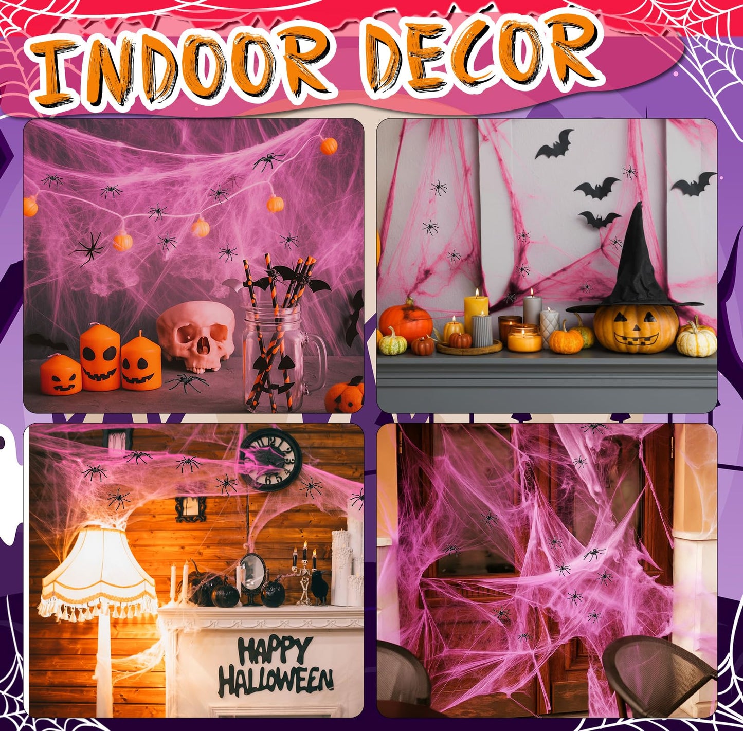 Tellingyou 950 Sqft Halloween Pink Spider Webs Decorations with 50 Extra Fake Spiders, Super Stretchy Cobwebs for Halloween Decor Indoor and Outdoor