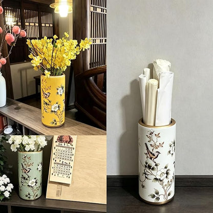 Ceramic Entryway Umbrella Stand,Handmade Appliques Chinese Umbrella Stand Barrels,Vintage Floor Standing Cane Holder Placed & Flower Vases for Hotel Office Home Entrance,C,17.3in