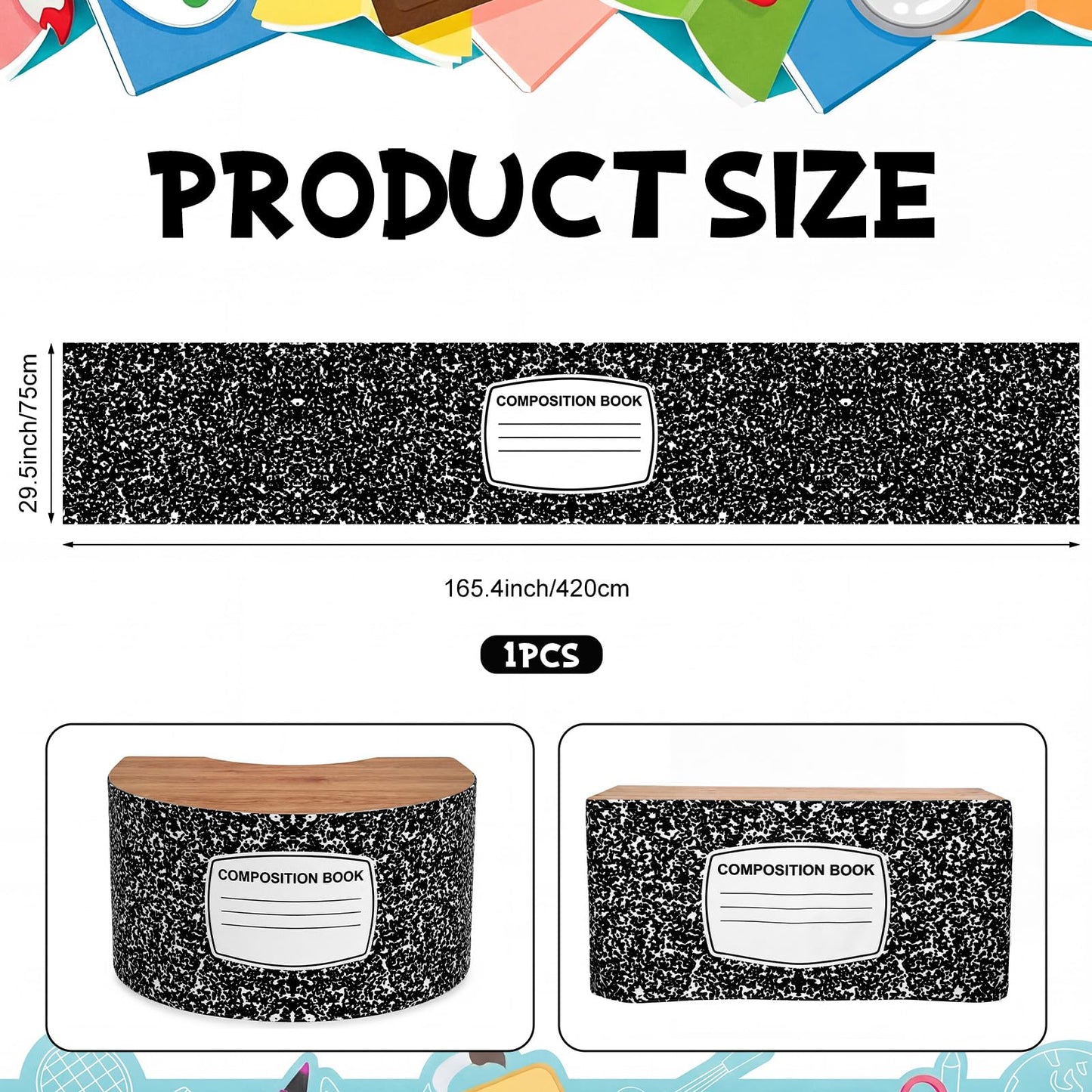 Windkream 14 ft Composition Book Table Skirt for Teacher Desk Rectangular Tablecloth Skirt Polyester Classroom Tableskirt for Teacher Preschool Decorations Back to School Party Supplies
