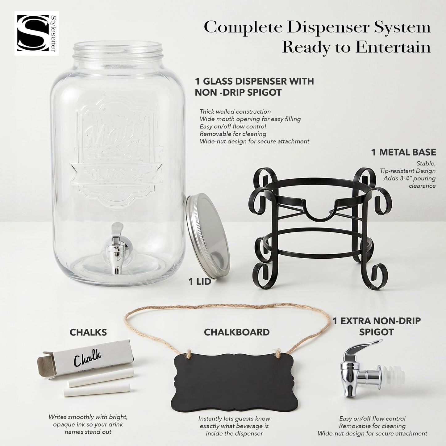 Style Setter Beverage Dispenser Cold Drink Dispenser w/ 3-Gallon Capacity Glass Jug, Metal Stand & Leak-Proof Acrylic Spigot Great for Parties, Weddings & More