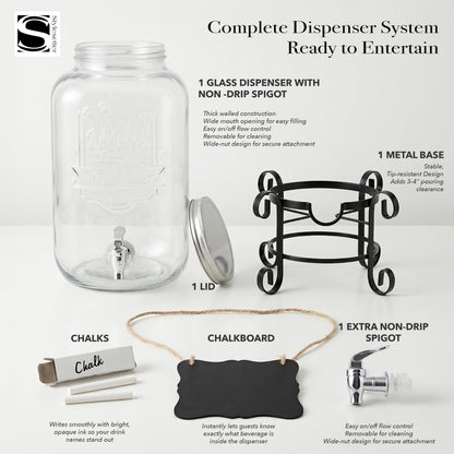 Style Setter Beverage Dispenser Cold Drink Dispenser w/ 3-Gallon Capacity Glass Jug, Metal Stand & Leak-Proof Acrylic Spigot Great for Parties, Weddings & More