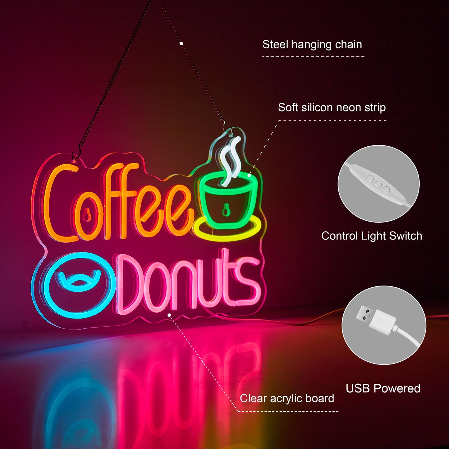 Hoyoelec Coffee and Donuts Neon Sign for Wall Décor Dimmable LED Neon Light USB Powered Neon Art Signs Decor
