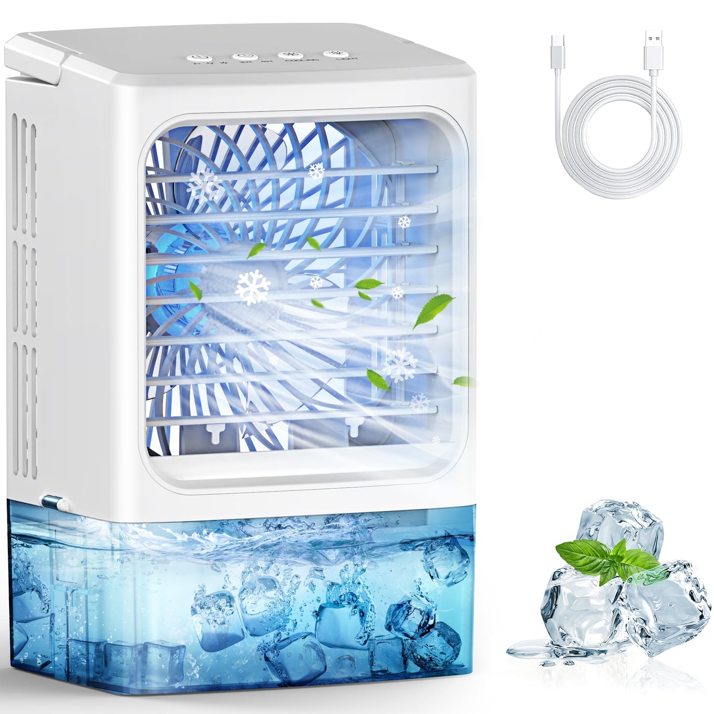 Mini Air Conditioner,Portable Air Conditioners,Evaporative Air Cooler Humidifier, 3 Speed Quiet Personal Cooling Fan, 7-Color LED Night Light, 4/8H Timer for Bedroom, Office, Camping, Car (White)