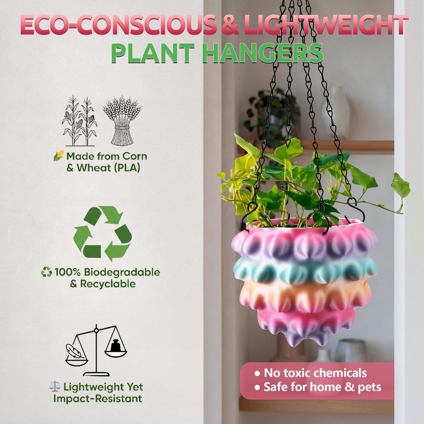 Enhon 7 Inch Hanging Planters for Indoor Plants, Unique Hanging Pots for Plants with Drainage and Hanger Baskets Hangers, Spiked Orb Plant Hanger, Silky Rainbow Finish