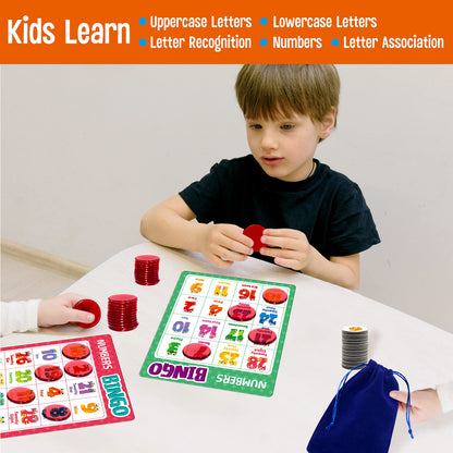 SpriteGru Alphabet Bingo Game, Uppercase/Lowercase/Number Bingo Game ABC and 123 Bingo Board Game for Kindergarten and Preschool Kids 4-8, Perfect for Classroom & At Home
