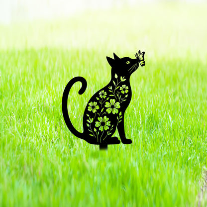 Aucizb Metal Cat Garden Stake - Floral Butterfly Black Silhouette Statue Yard Decor Outdoor Cat Patio Art for Yard, Flower Bed, Lawn, Cabin, Farmhouse Pet Lover Unique Gift (Black)