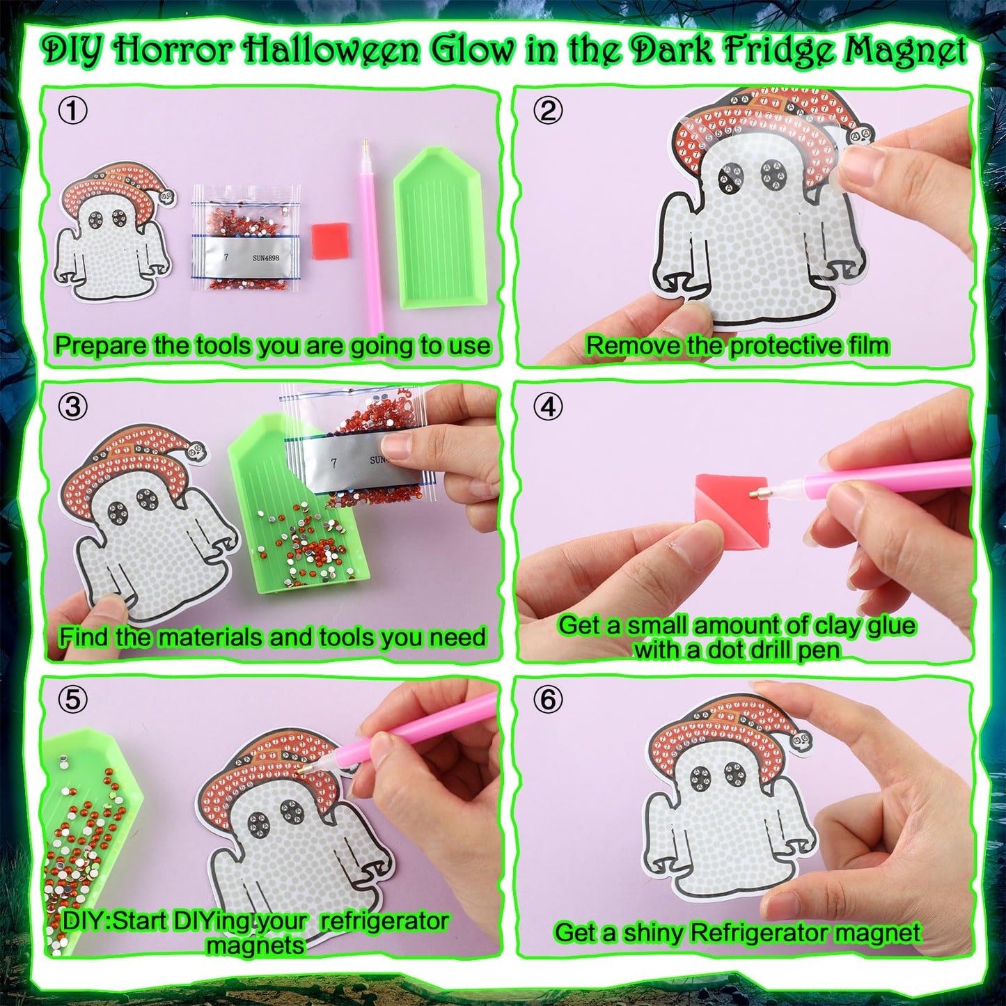 Motipuns 30 Pcs Halloween Diamond Painting Magnets Kits Diamond Art Fridge Magnet Refrigerator Sticker for Beginners Kid Adults Home Decors DIY Art Craft Gifts (Scary)