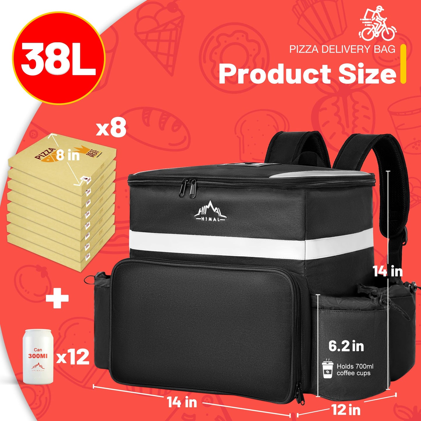 GoHimal Food Delivery Backpack, insulated delivery bags for Delivery Bike, Large Pizza Delivery Bag for HOT/COLD with 4 Pockets Reflective Strip for Uber Eat,Camping & Beach (Black)