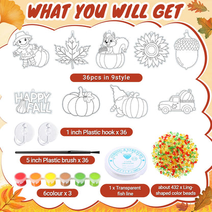 Pasimy 36 Sets Fall Crafts Kit Pumpkin Leaf Suncatchers Paint Your Own Autumn Window Hanging Ornaments Decorations DIY Thanksgiving Activities Arts Classroom Project Harvest Party Favors(Harvest)
