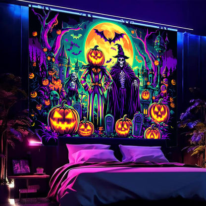 BSFHH Black Light Tapestry – UV Reactive Glow in the Dark Wall Hanging, Spooky Night Scene with Ghosts & Pumpkins, Haunting Home Decor for Parties, Bedroom, or Dorm (Witches & Bats, 90L" x 70W", Unframed)
